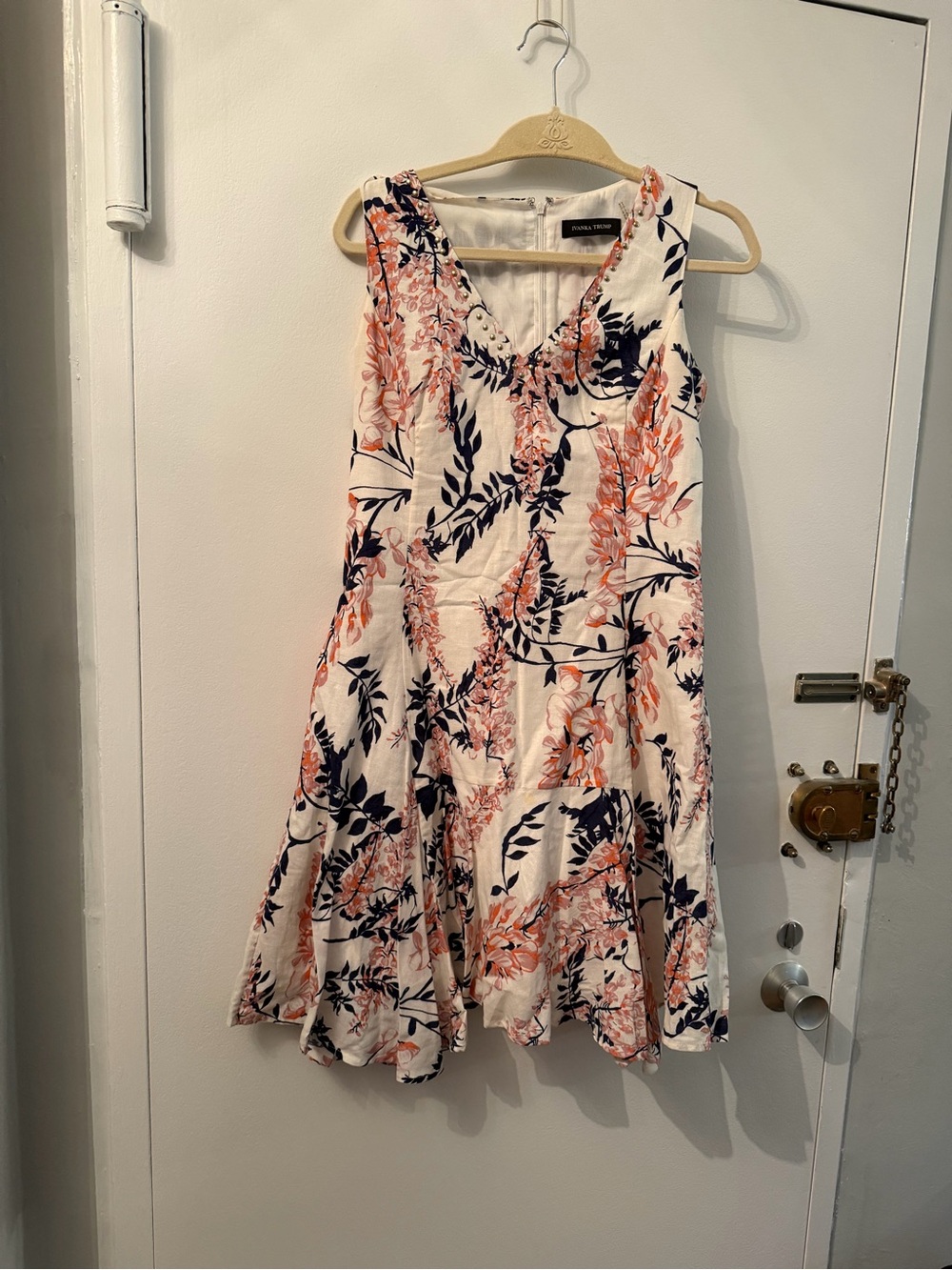 Ivanka Trump White Floral A-Line Dress with Coral and Navy Print
